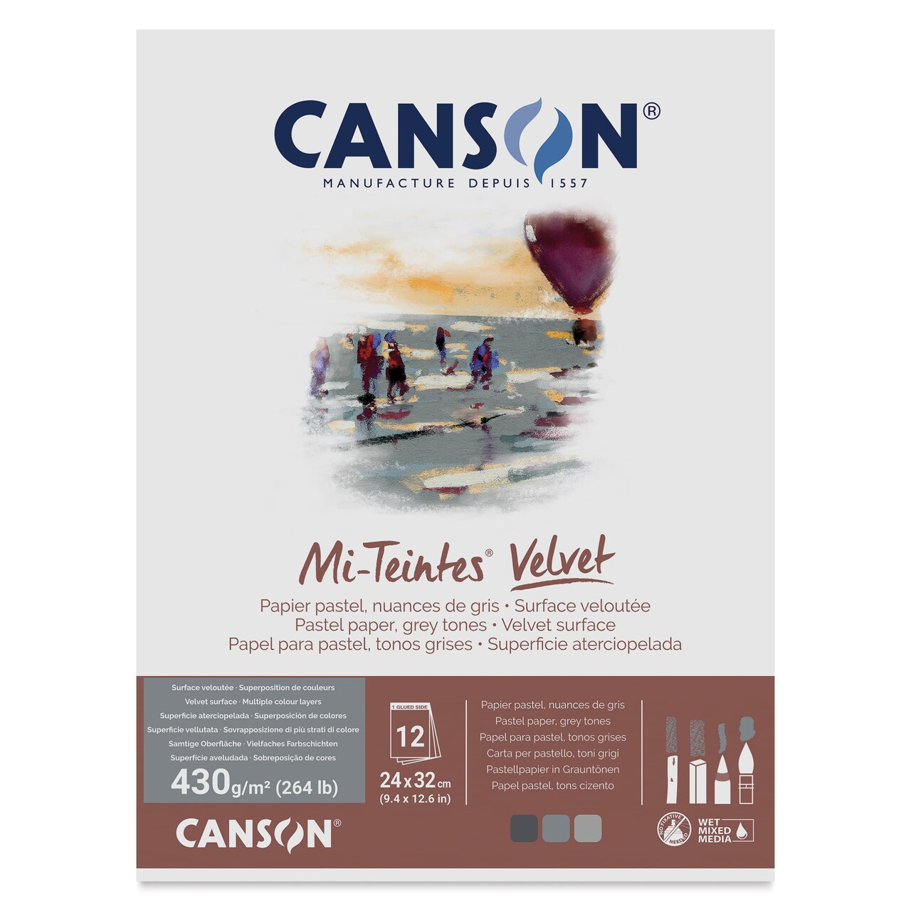 Canson Mi-Teintes Velvet Paper Pad - 9.4" x 12.6", Grey Tones, 12 Sheets